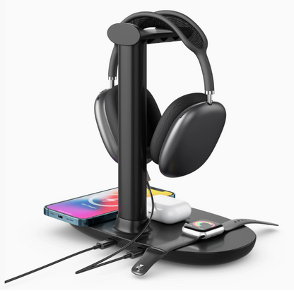 Schwarzer 4-in-1 Wireless Charging Stand mit Over-Ear-Kopfhörern, Smartphone, AirPods und Smartwatch, mit zusätzlichen Kabeln für kabelgebundene Geräte