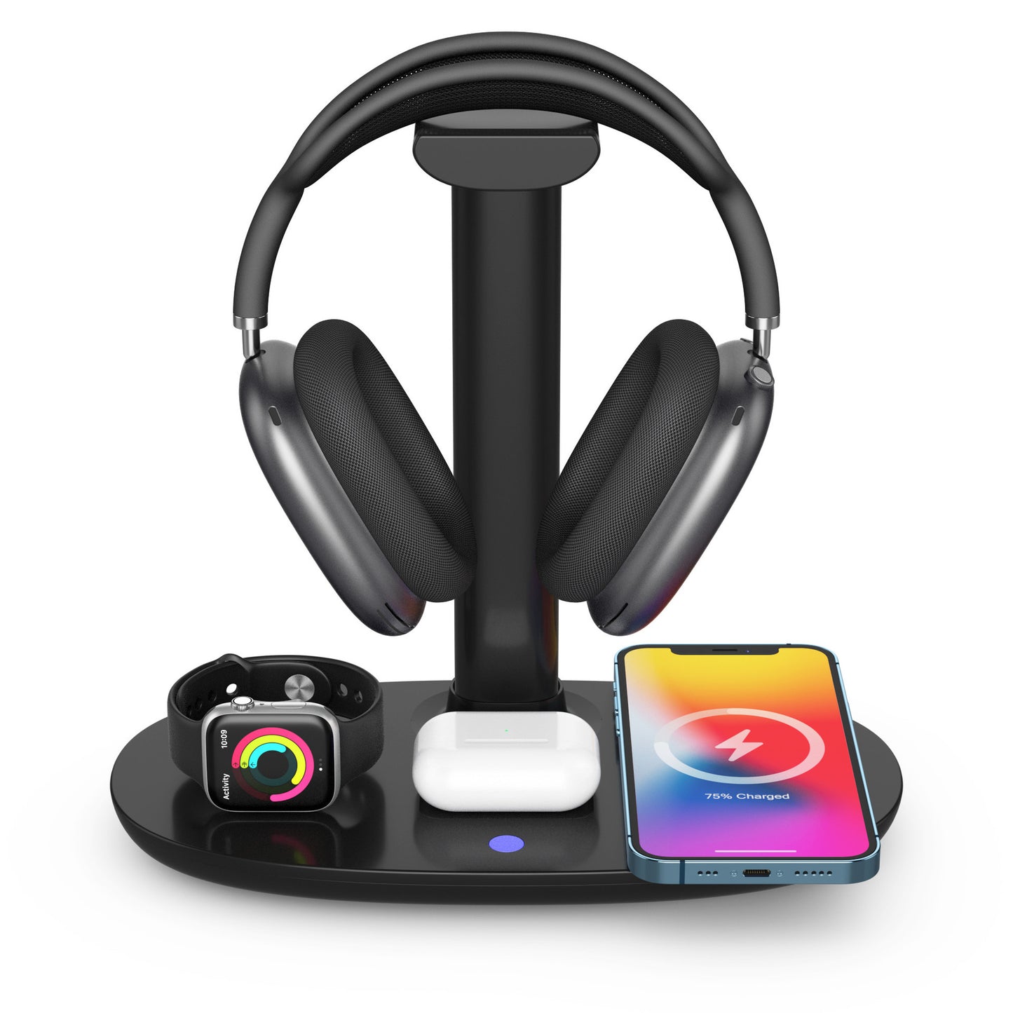 Schwarzer 4-in-1 Wireless Charging Stand mit Over-Ear-Kopfhörern, Smartphone, AirPods und Smartwatch auf einer kompakten Multiladestation