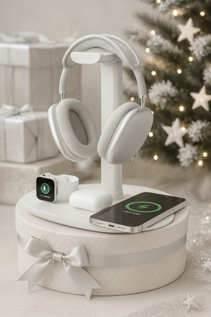 Weihnachtliche Produktaufnahme eines weißen 4-in-1 Wireless Charging Stands mit Kopfhörern, Smartphone, AirPods und Smartwatch auf einem silbernen Geschenkekarton vor einem festlich beleuchteten Weihnachtsbaum