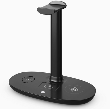 Schwarzer 4-in-1 Wireless Charging Stand ohne Geräte, mit Ladeflächen für Smartphone, AirPods, Smartwatch und integriertem Kopfhörerständer
