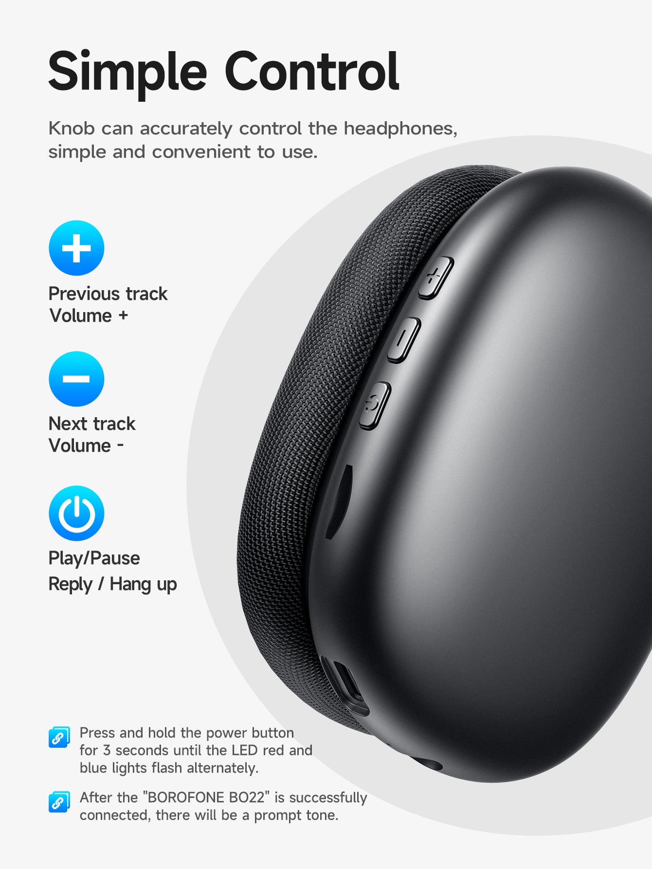 IconicSphere Max Wireless Kopfhörer mit einfachen Bedientasten für Lautstärke, Titelauswahl und Play/Pause