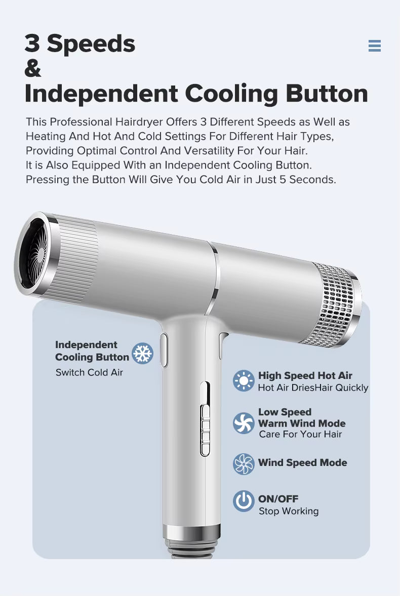AeroDry T-Design Haartrockner in Silber – drei Geschwindigkeitsstufen, unabhängige Kühlfunktion und Heiß-/Kaltluftsteuerung für vielseitiges Styling