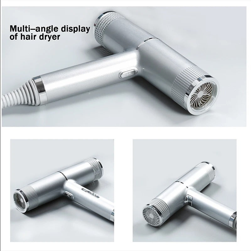 AeroDry T-Design Haartrockner in Silber – mehrwinklige Ansicht des kompakten High-Speed Föhns für ein detailliertes Produktdisplay