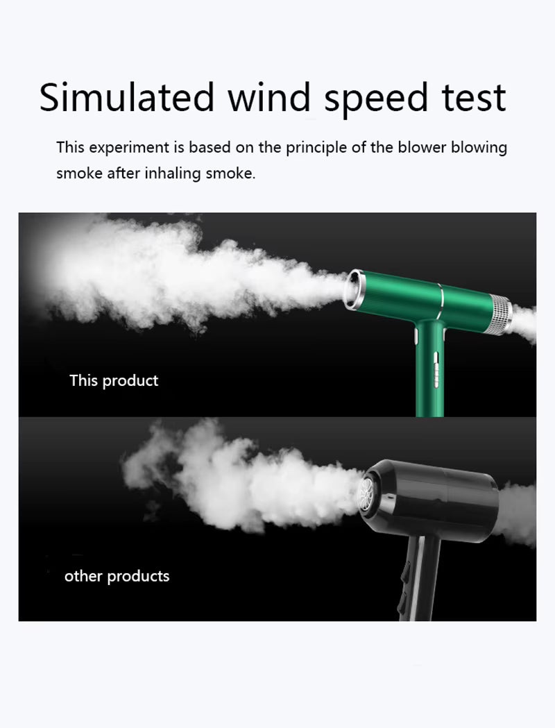 AeroDry T-Design Haartrockner – simulierte Windgeschwindigkeitsmessung im Rauchtest, Vergleich zu herkömmlichen Föhnen mit stärkerem Luftstrom