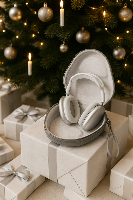 Geöffnetes AirPods Max Hardcase mit weißen AirPods Max darunter einem festlich geschmückten Weihnachtsbaum, umgeben von weiß-silbernen Geschenken