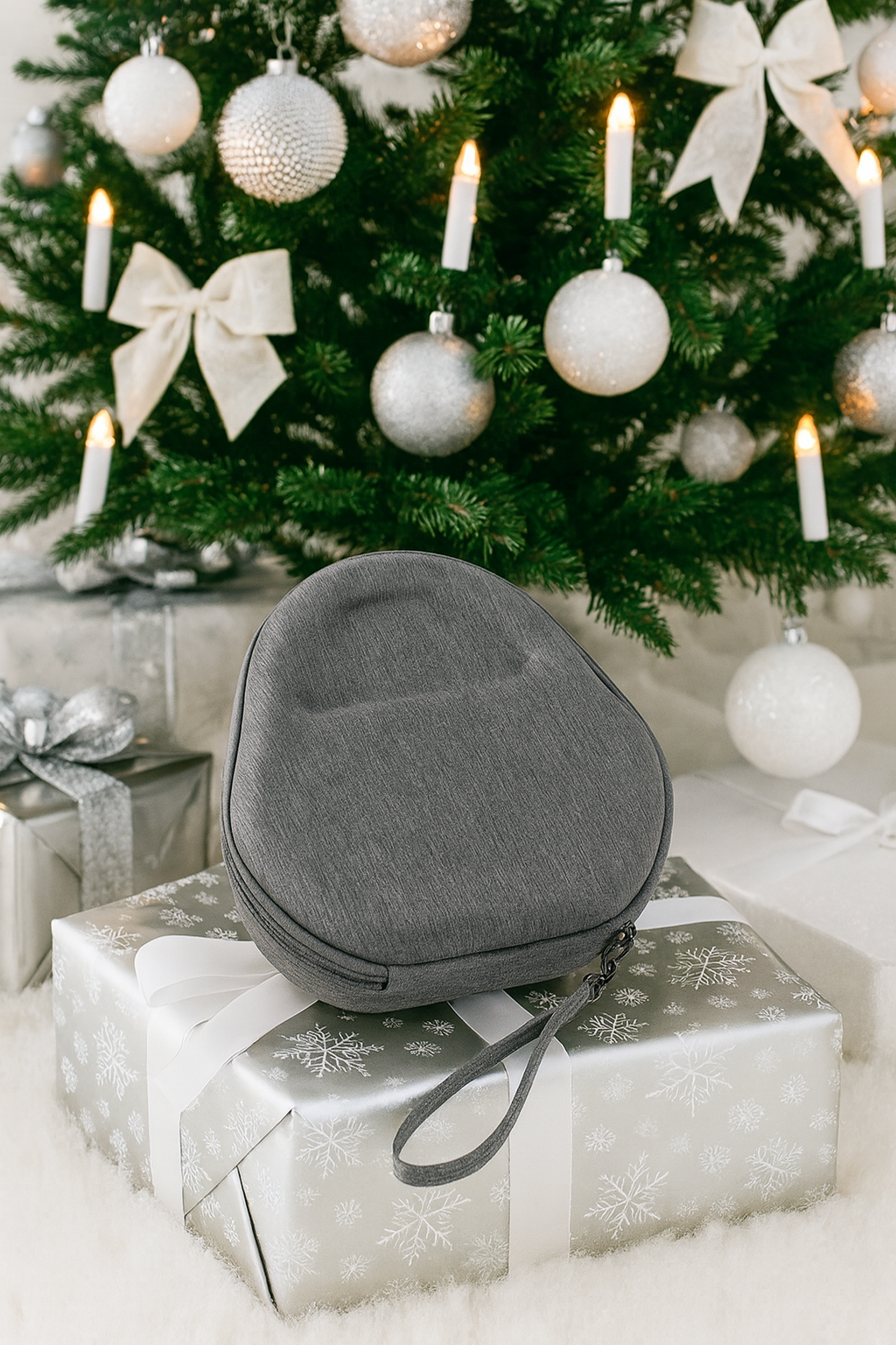 Geschlossenes AirPods Max Hardcase als Geschenk unter einem weiß-silber geschmückten Weihnachtsbaum, umgeben von festlich verpackten Präsenten