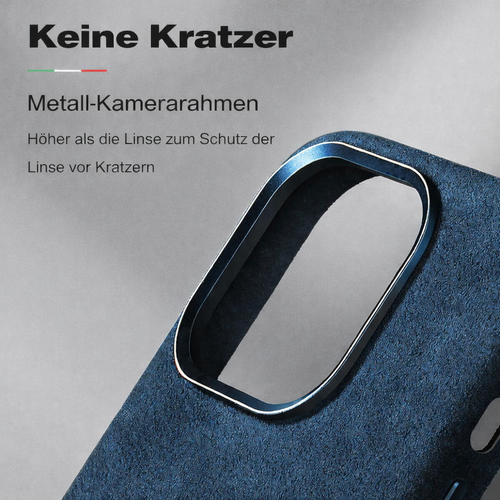 AlcantaraCase™ MagSafe Handyhülle mit erhöhtem Metall-Kamerarahmen zum Schutz vor Kratzern und direktem Oberflächenkontakt.