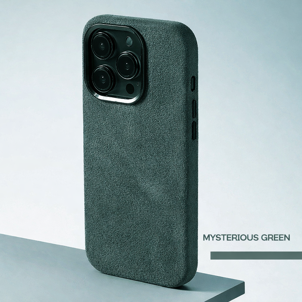 AlcantaraCase™ MagSafe Handyhülle in Mysterious Green mit Metall-Kamerarahmen und samtiger Alcantara Oberfläche.