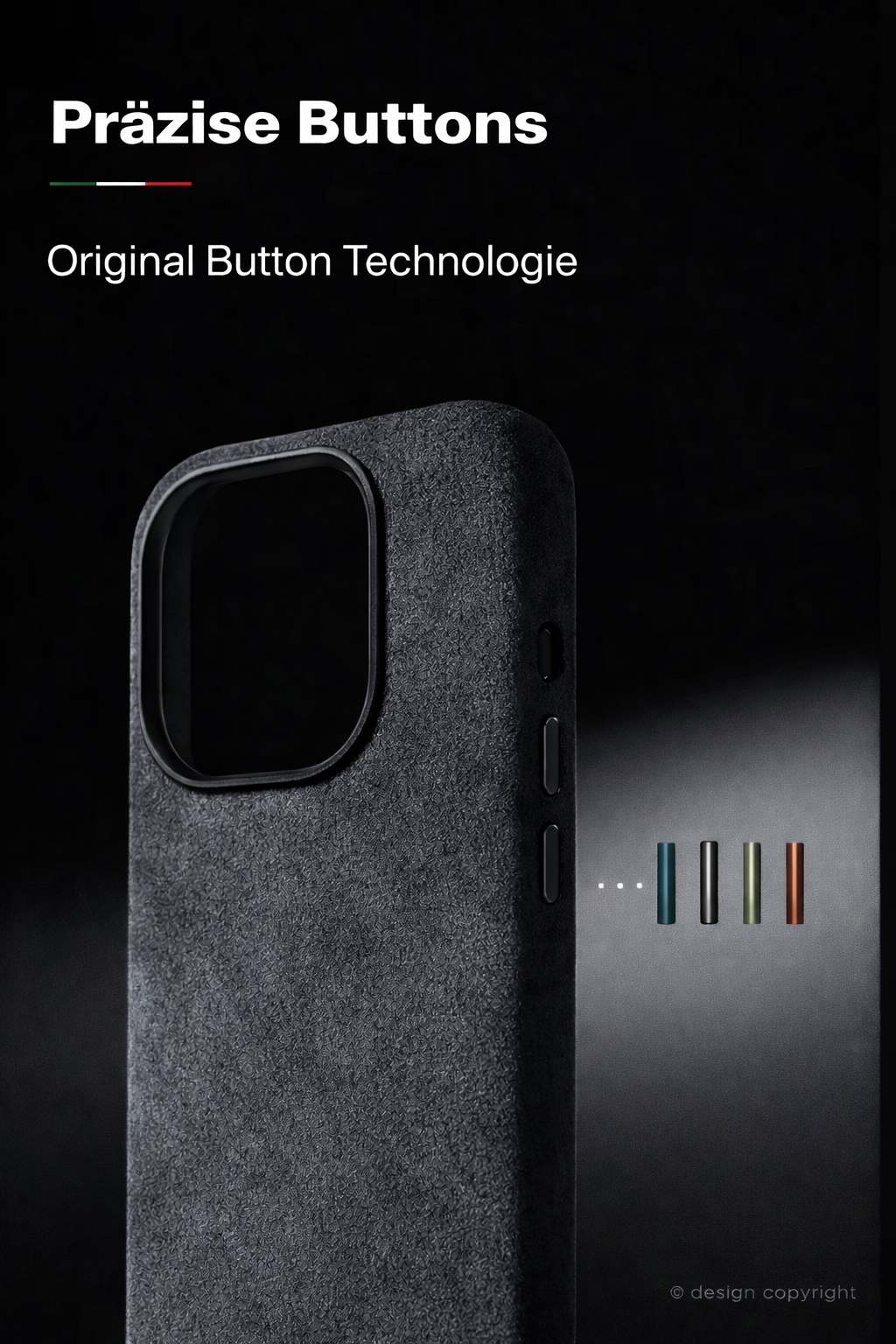 AlcantaraCase™ MagSafe Handyhülle mit präziser Original Button Technologie und passgenauen Seitentasten für iPhone Modelle.