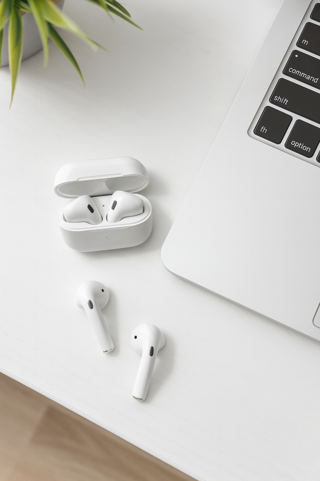 AuraOne – True Wireless In-Ear Kopfhörer auf dem Tisch neben Macbook
