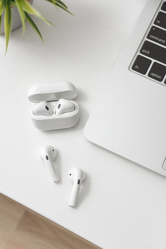 AuraOne – True Wireless In-Ear Kopfhörer auf dem Tisch neben Macbook
