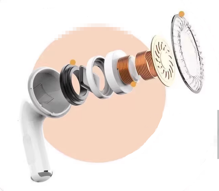 Explosionsdarstellung der Auraone In-Ear-Kopfhörer – detaillierte Ansicht des internen Lautsprecheraufbaus mit Spulen, Membran und Komponente