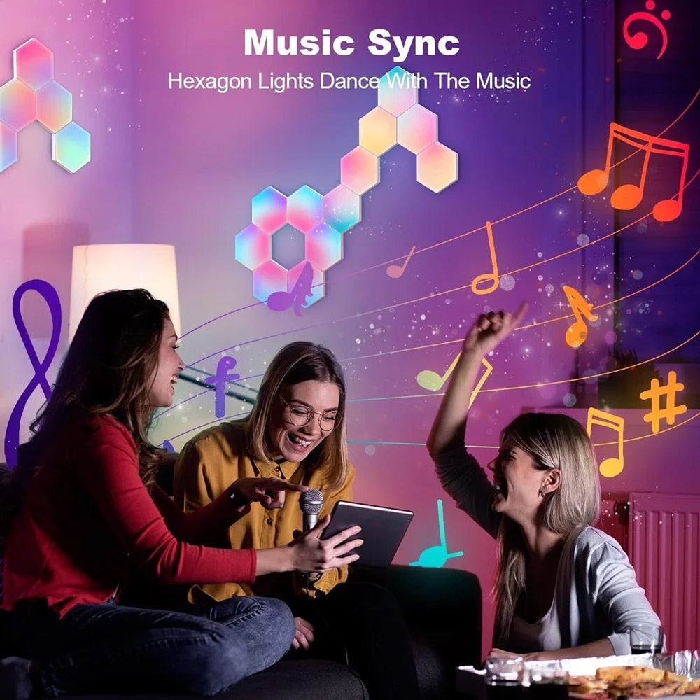 Hexagon LED Lichtpaneele an der Wand reagieren im Music-Sync-Modus, während drei Frauen gemeinsam Musik hören und feiern