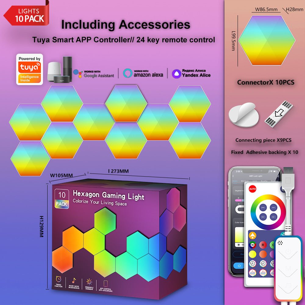 LED Hexagon Light Panels 10er Set mit Zubehör, Tuya App Steuerung, Fernbedienung und Größenangaben