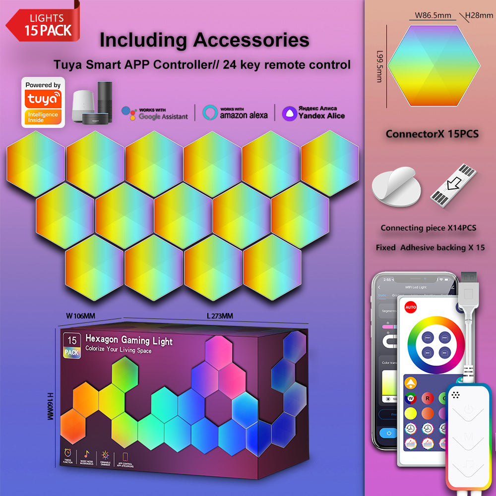 LED Hexagon Light Panels 15er Set mit Zubehör, Tuya App Steuerung, Fernbedienung und Größenangaben