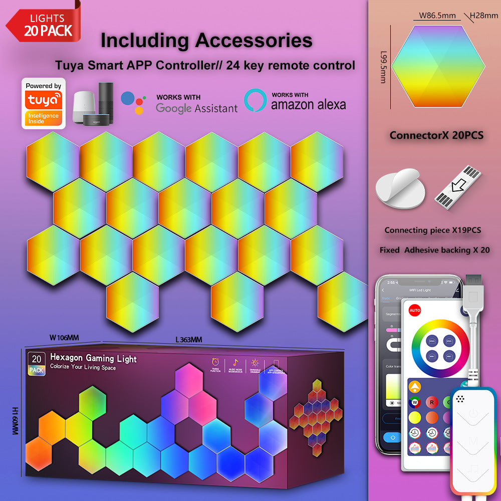 LED Hexagon Light Panels Set mit 20 Modulen, Zubehör, Tuya App Steuerung, Fernbedienung und Größenangaben