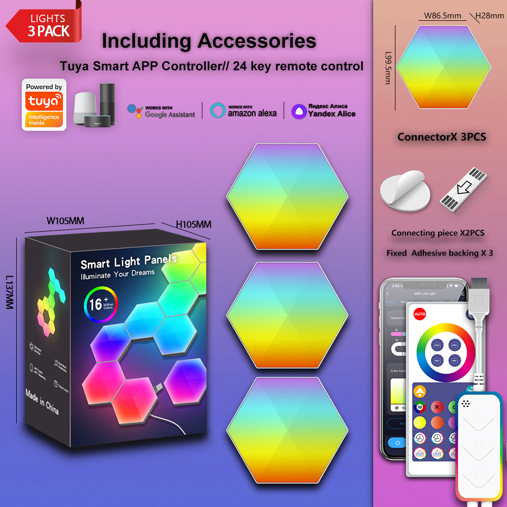 LED Hexagon Light Panels 3er Set mit Zubehör, Tuya App Steuerung, Fernbedienung und Größenangaben