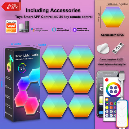 LED Hexagon Light Panels 6er Set mit Zubehör, Tuya App Steuerung, Fernbedienung und Größenangaben