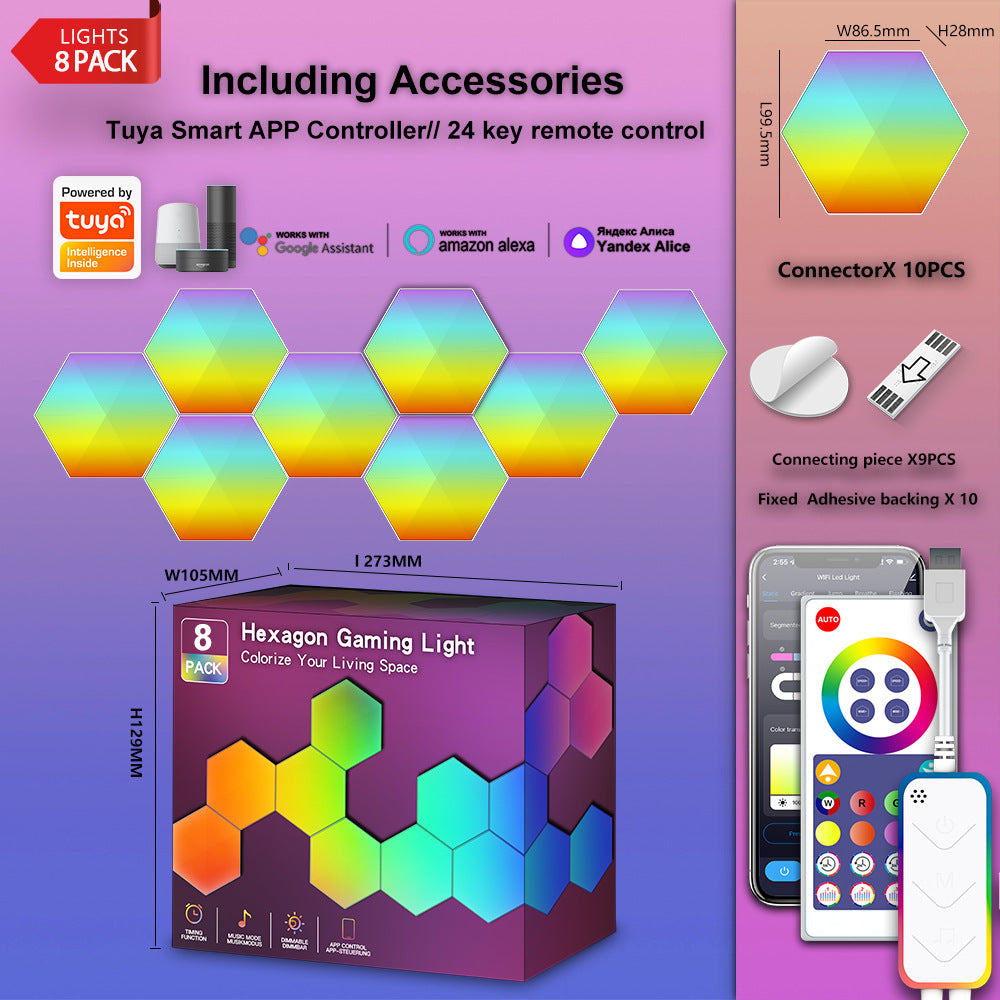 LED Hexagon Light Panels 8er Set mit Zubehör, Tuya App Steuerung, Fernbedienung und Größenangaben