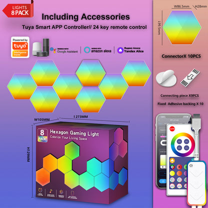 LED Hexagon Light Panels 8er Set mit Zubehör, Tuya App Steuerung, Fernbedienung und Größenangaben