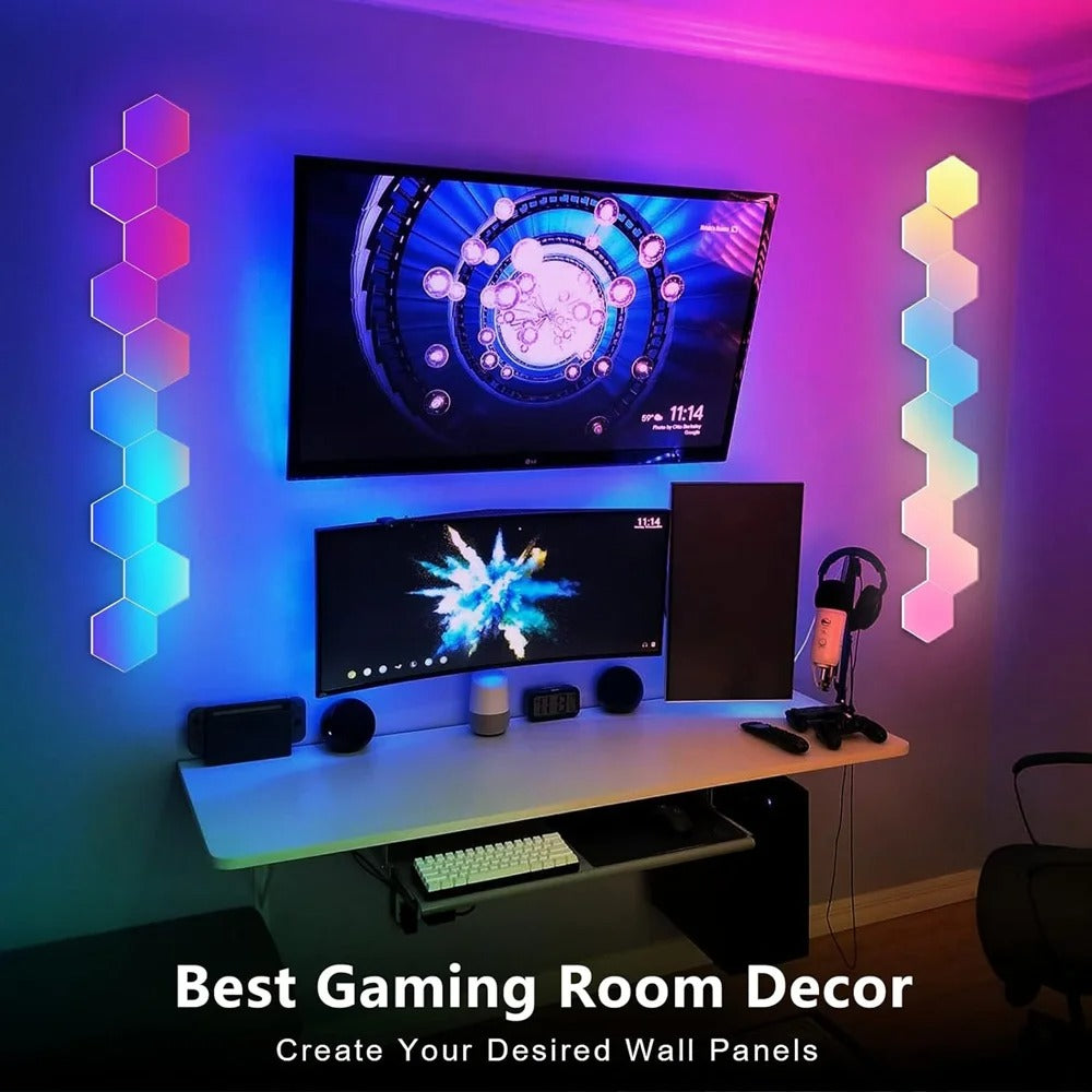 IconicGlow HexaLights RGBIC LED Wandpaneele in Gaming-Setup – farbwechselnde Hexagon-Lichter für moderne Raumbeleuchtung