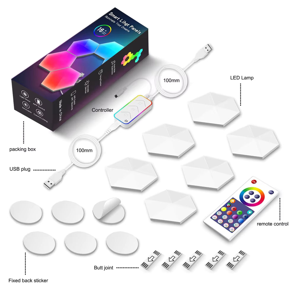 IconicGlow HexaLights – kompletter Lieferumfang mit LED-Hexagon-Panels, Controller, USB-Kabel, Fernbedienung, Klebepads und Verbindungsstücken
