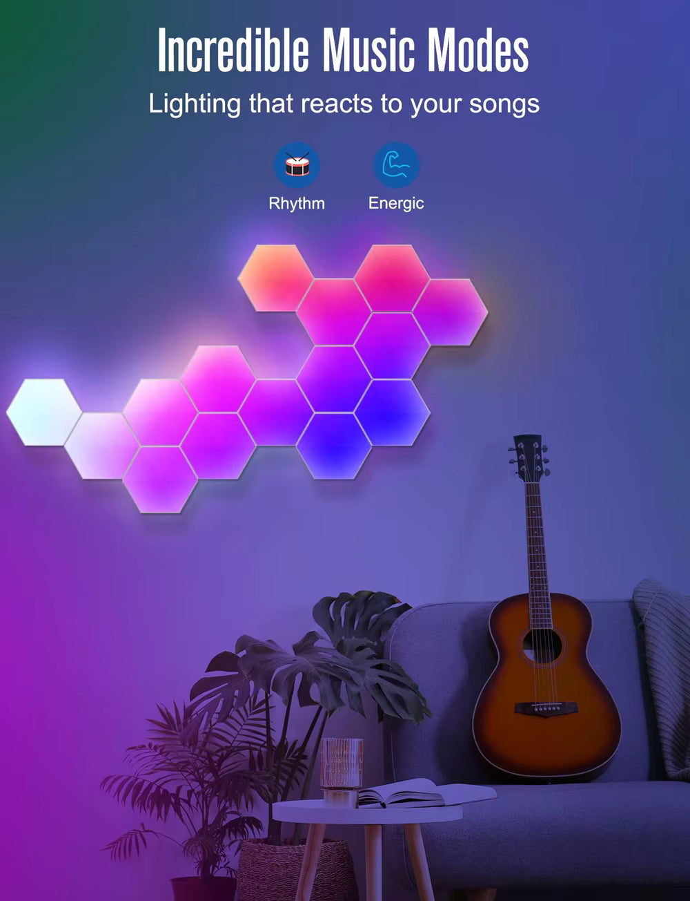 IconicGlow HexaLights RGBIC LED Wandpaneele – Musikmodus mit farbwechselnden Hexagon-Lichtern, die im Rhythmus reagieren