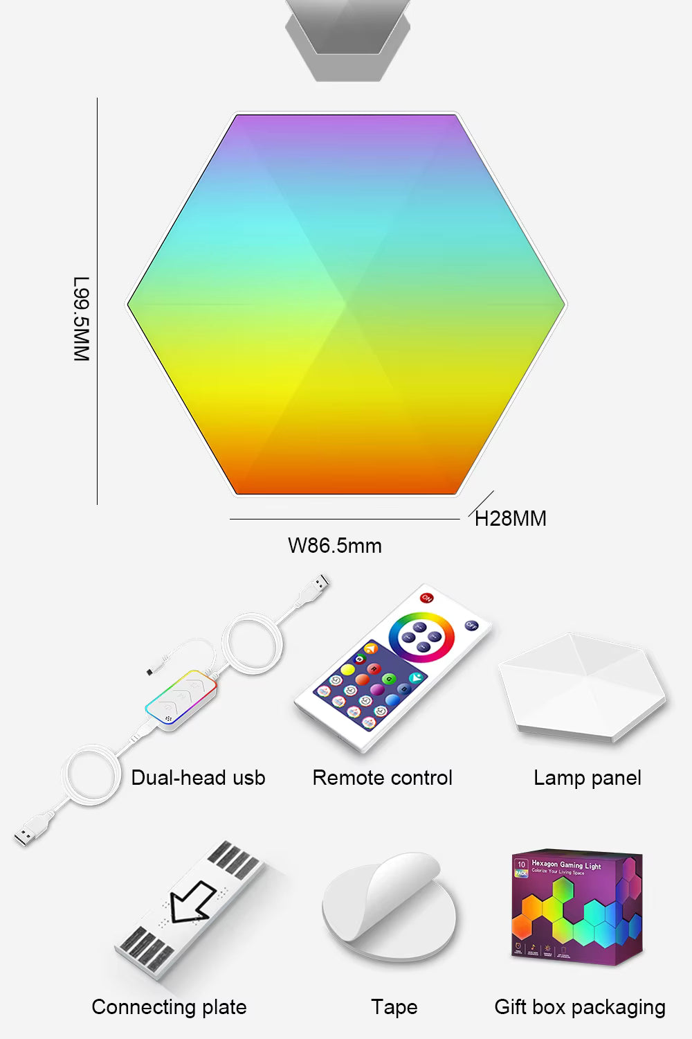 IconicGlow HexaLights LED Panel Maße und Zubehör – Hexagongröße 98.5 × 86.5 × 28 mm, inklusive Dual-USB-Kabel, Fernbedienung, Lampenpanel, Verbindungsplatten, Klebepads und Verpackung