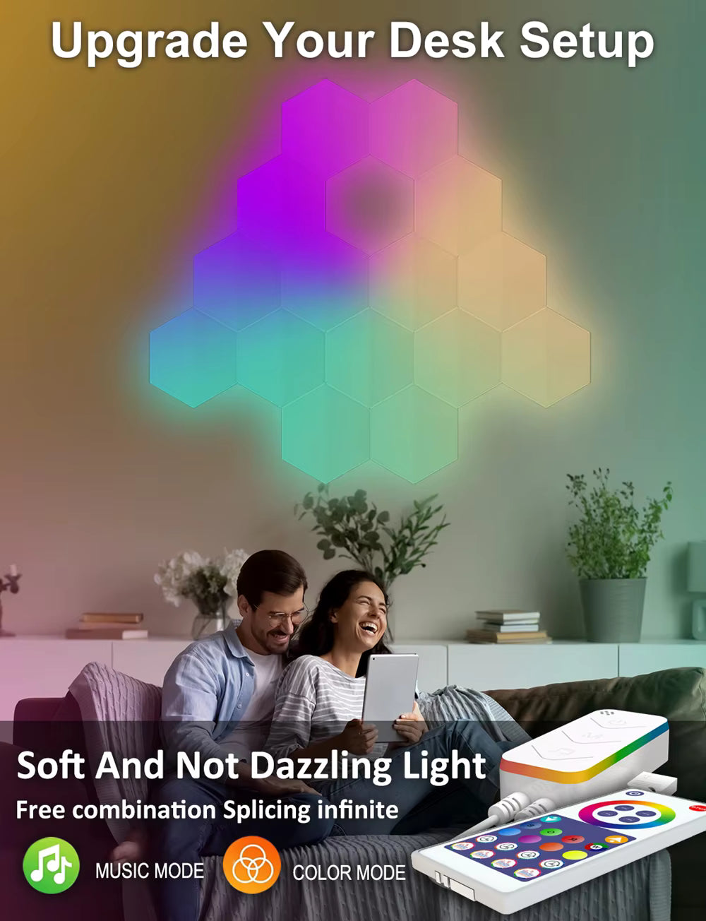 IconicGlow HexaLights RGBIC LED Hexagon-Paneele – weiches, nicht blendendes Ambient Light für Schreibtisch- und Wohnzimmer-Setup mit Musik- und Farbmodus