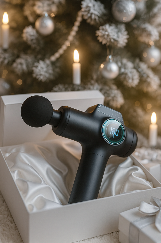 IconicPulse Pro 99 Massagepistole im Geschenkekarton unter dem Weihnachtsbaum