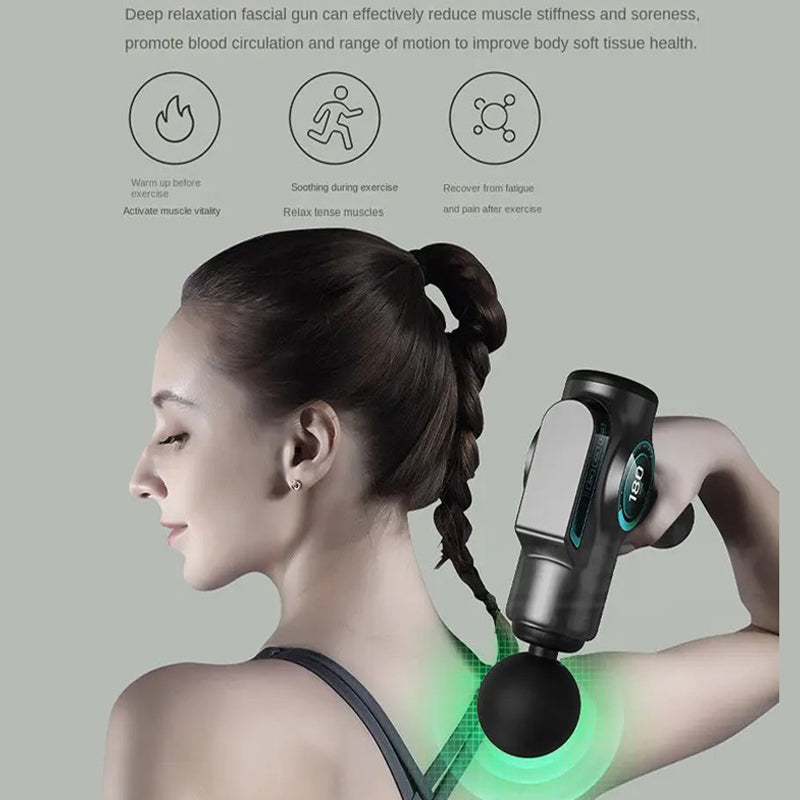 Anwendung der IconicPulse Pro 99 Massagepistole im Nacken- und Schulterbereich zur Entspannung verspannter Muskeln