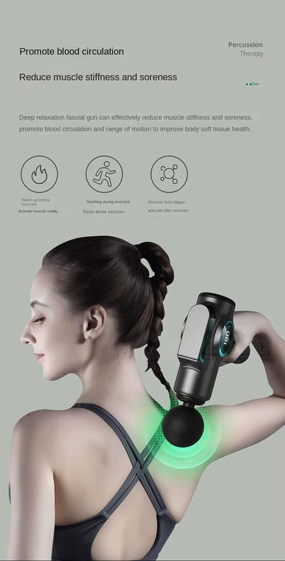 Anwendung der IconicPulse Pro 99 Massagepistole zur Rücken- und Nackenmassage zur Förderung der Durchblutung und Reduktion von Muskelverspannungen