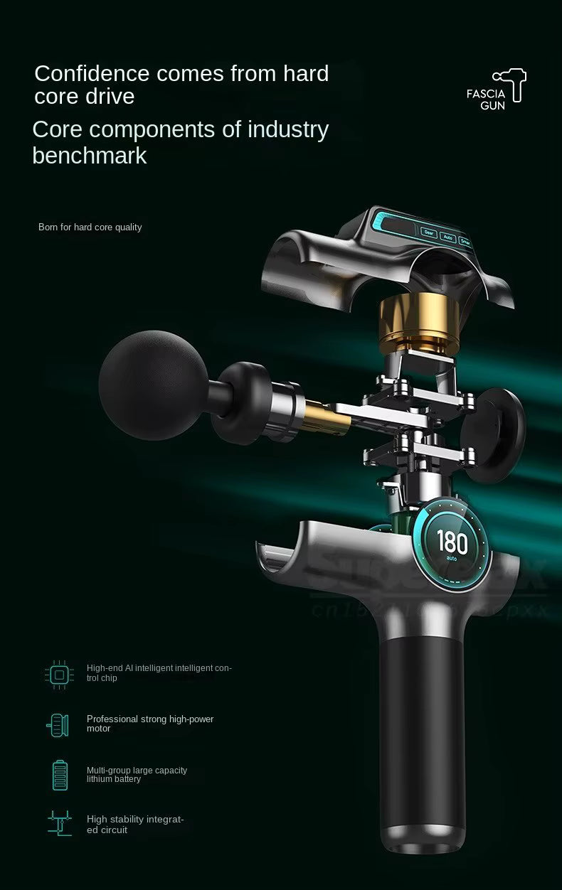 Explosionszeichnung der IconicPulse Pro 99 Massagepistole mit Darstellung der Kernkomponenten wie AI-Steuerchip, Hochleistungsmotor, Lithium-Akku und stabiler Mechanik