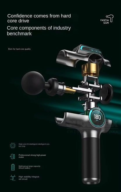 Explosionszeichnung der IconicPulse Pro 99 Massagepistole mit Darstellung der Kernkomponenten wie AI-Steuerchip, Hochleistungsmotor, Lithium-Akku und stabiler Mechanik