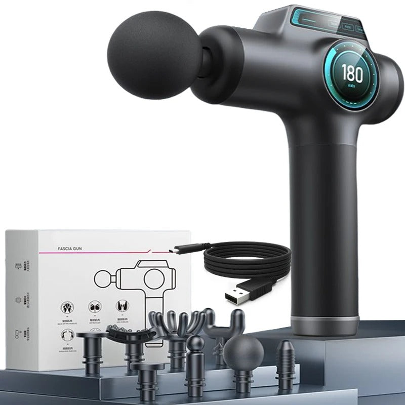 IconicPulse Pro 99 Massagepistole inklusive verschiedener Massageaufsätze, USB-Ladekabel und Verpackung im Komplettset