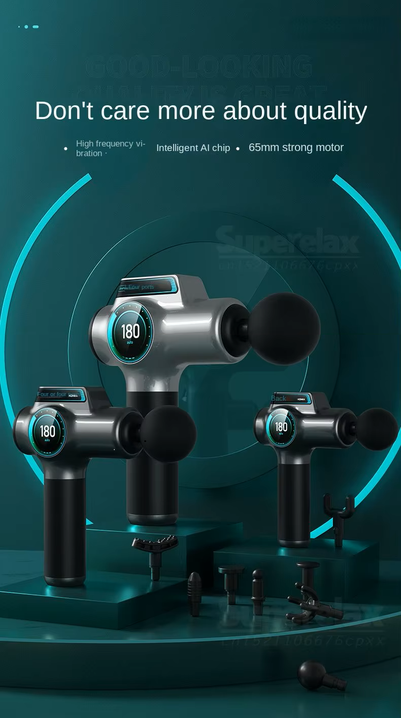 Produktpräsentation der IconicPulse  Pro 99 Massagepistole mit verschiedenen Aufsätzen, AI-Chip-Technologie und leistungsstarkem 65mm Motor