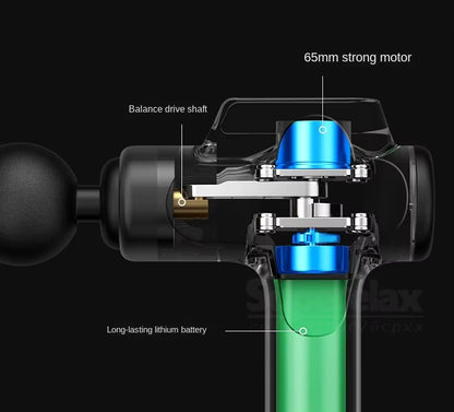 Schnittansicht der IconicPulse Pro 99 Massagepistole mit 65mm Hochleistungsmotor, Balance-Antriebswelle und langlebigem Lithium-Akku