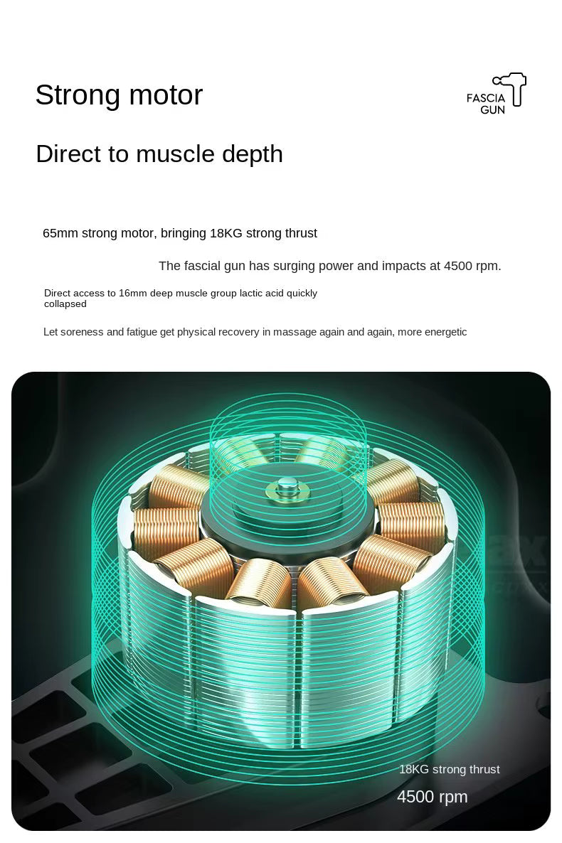 Darstellung des 65mm Hochleistungsmotors der IconicPulse Pro 99 Massagepistole mit 18 kg Schlagkraft und 4500 U/min für tiefe Muskelbehandlung