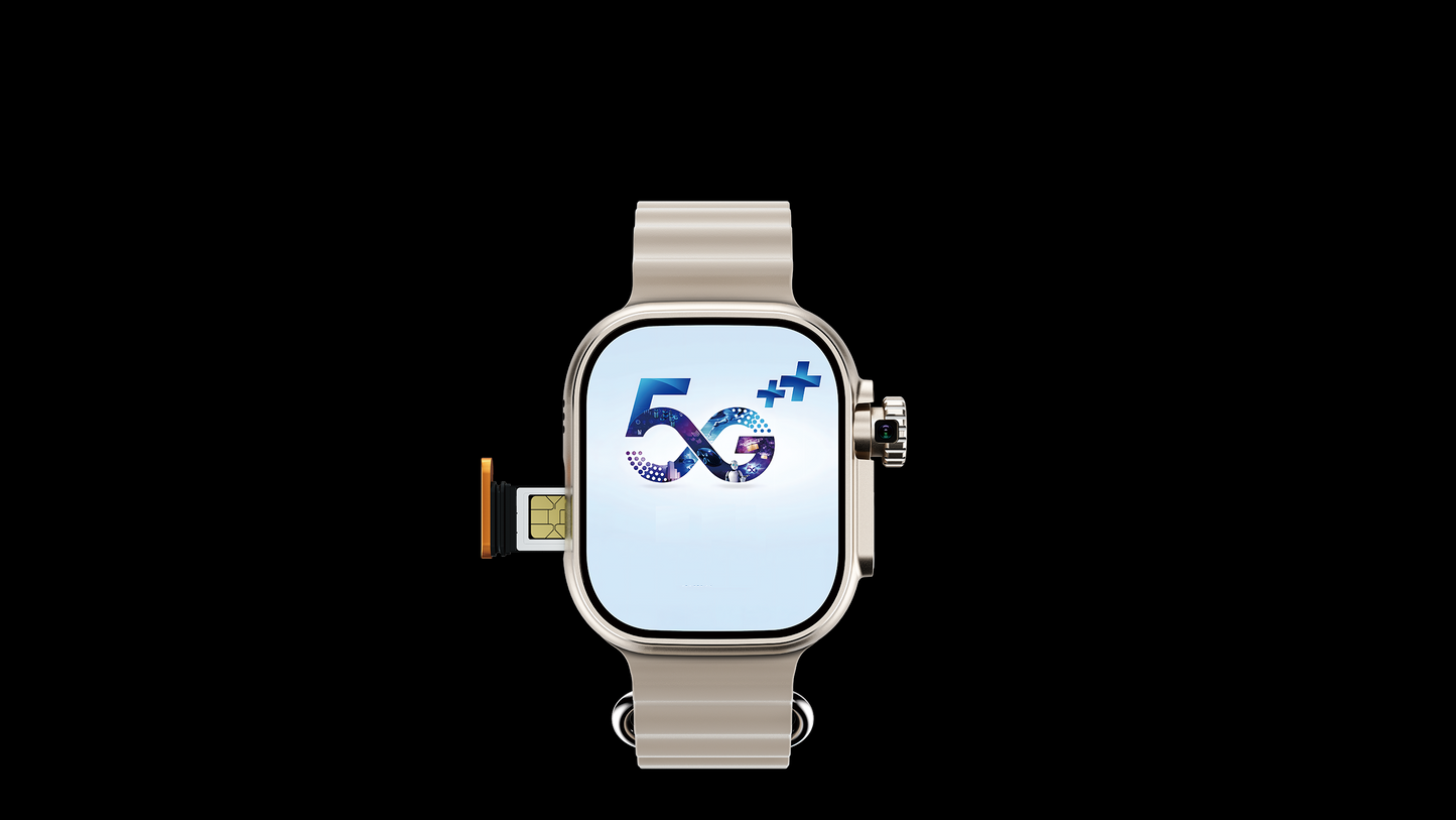 IconicTech Ultra AI³ Smartwatch mit 5G-Unterstützung – frontale Ansicht mit eingesetztem SIM-Slot und modernem beigem Armband