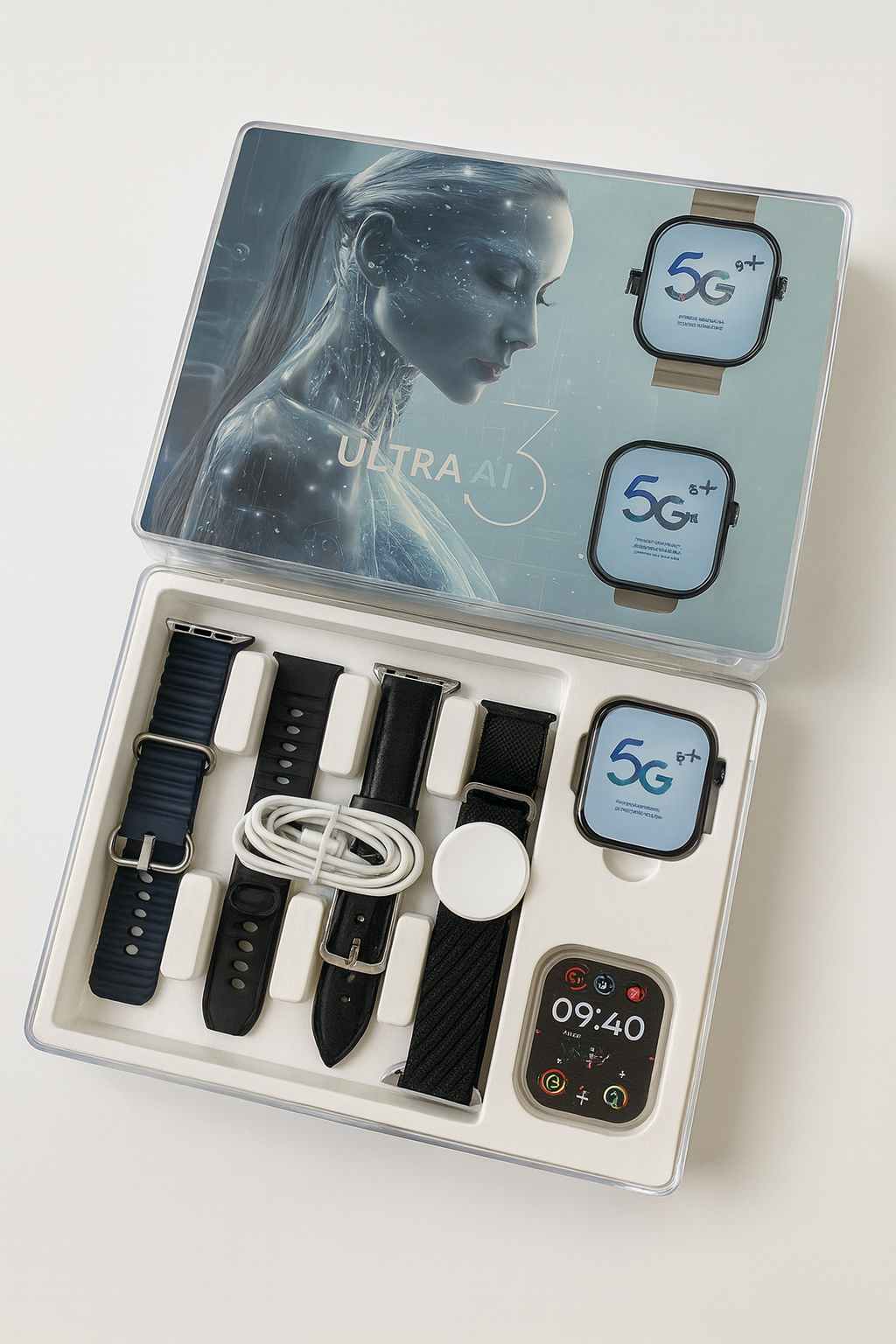 IconicTech Ultra AI³ Smartwatch in Schwarz mit vier Wechselarmbändern im Lieferumfang