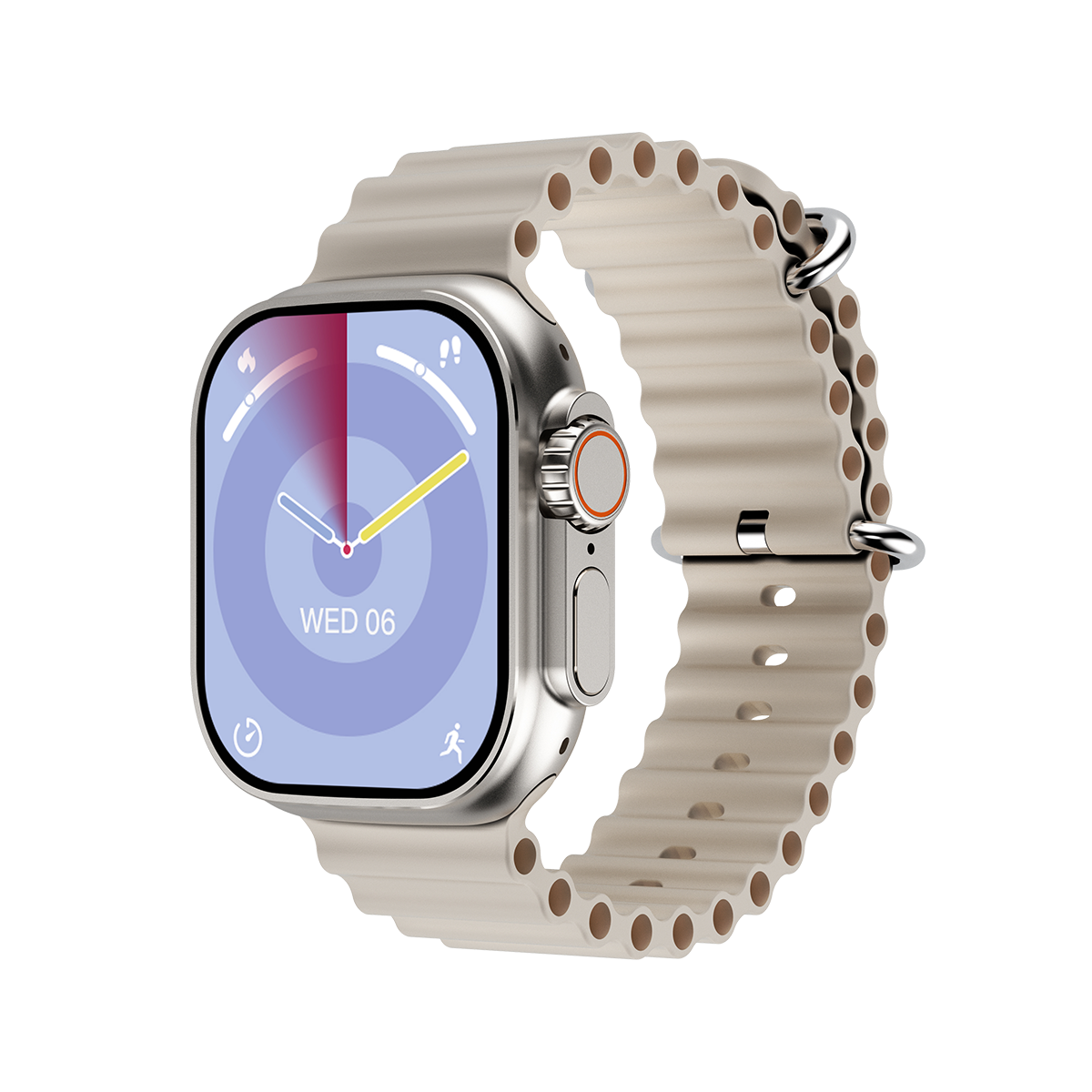 IconicTech Ultra AI³ Smartwatch – moderne 4G-Android Smartwatch mit großem AMOLED-Display, robustem Gehäuse und beige strukturiertem Sportarmband.