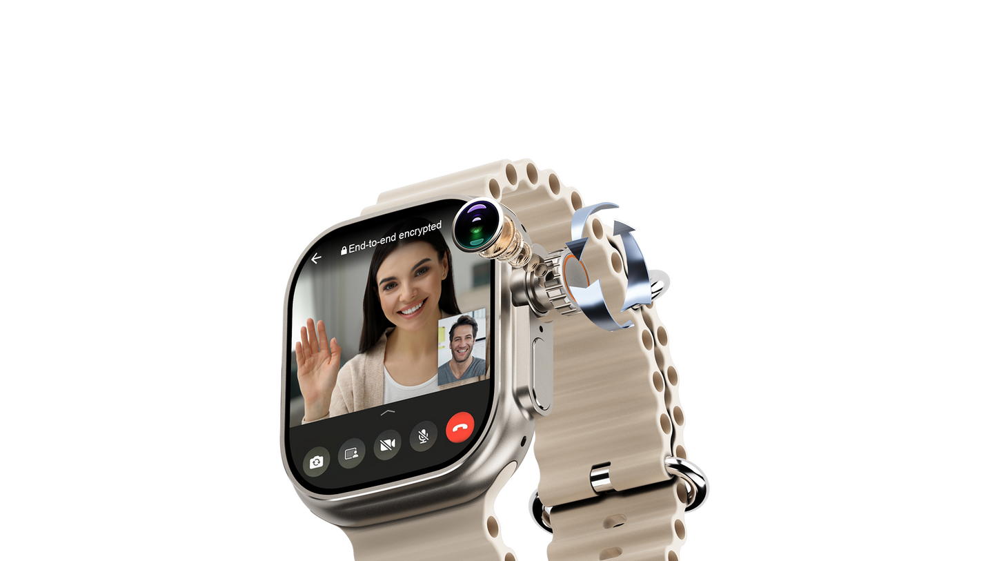 IconicTech Ultra AI³ Smartwatch mit integrierter Kamera – Videoanruf auf dem AMOLED-Display, drehbare Linse und modernes beiges Armband