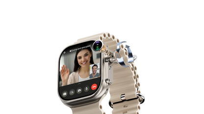 IconicTech Ultra AI³ Smartwatch mit integrierter Kamera – Videoanruf auf dem AMOLED-Display, drehbare Linse und modernes beiges Armband
