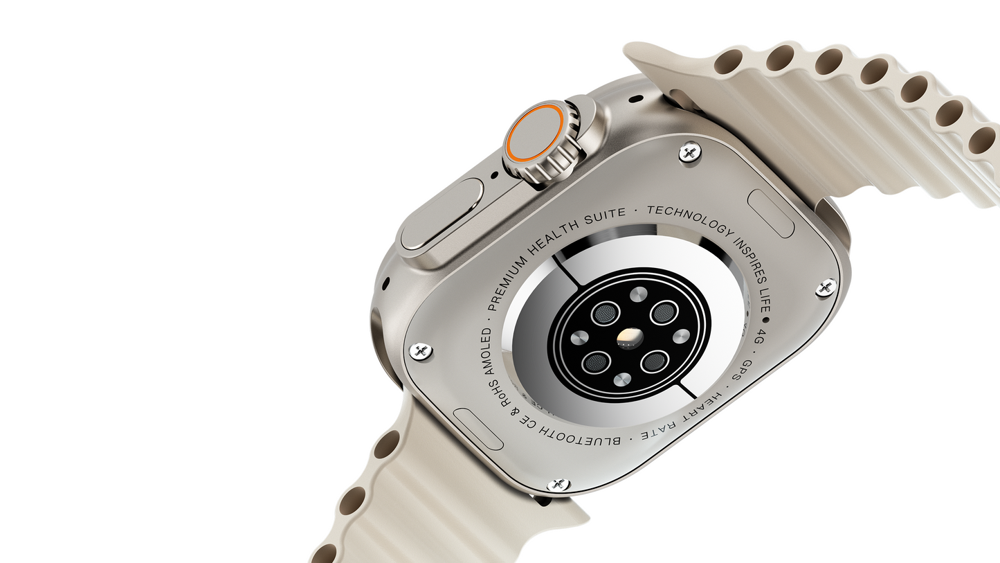 Rückseite der IconicTech Ultra AI³ Smartwatch mit optischem Herzfrequenzsensor, robustem Metallgehäuse und beigem Sportarmband