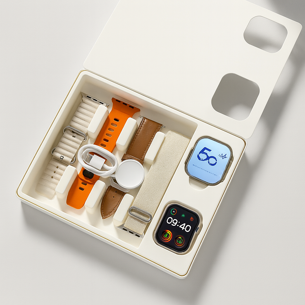 IconicTech Ultra AI³ Smartwatch in Silber mit vier Wechselarmbändern im Lieferumfang