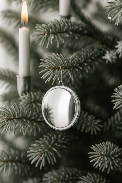 Kleiner runder Bluetooth-Tracker in Weiß mit glänzender Metalloberfläche, kompakte Bauform zur Objektortung - am Weihnachtsbaum