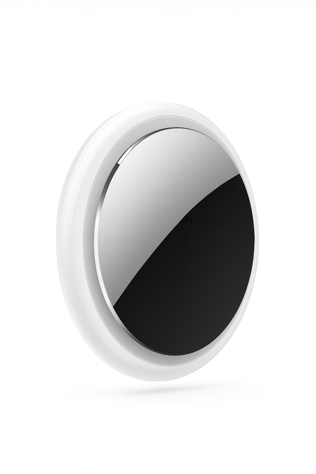 Kleiner runder Bluetooth-Tracker in Weiß mit glänzender Metalloberfläche, kompakte Bauform zur Objektortung - Frontansicht