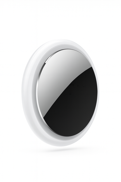Kleiner runder Bluetooth-Tracker in Weiß mit glänzender Metalloberfläche, kompakte Bauform zur Objektortung - Frontansicht