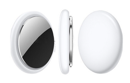 Kleiner runder Bluetooth-Tracker in Weiß mit glänzender Metalloberfläche, kompakte Bauform zur Objektortung