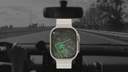 IconicTech Ultra AI³ Smartwatch mit GPS-Navigation – Routenanzeige auf dem AMOLED-Display während der Autofahrt
